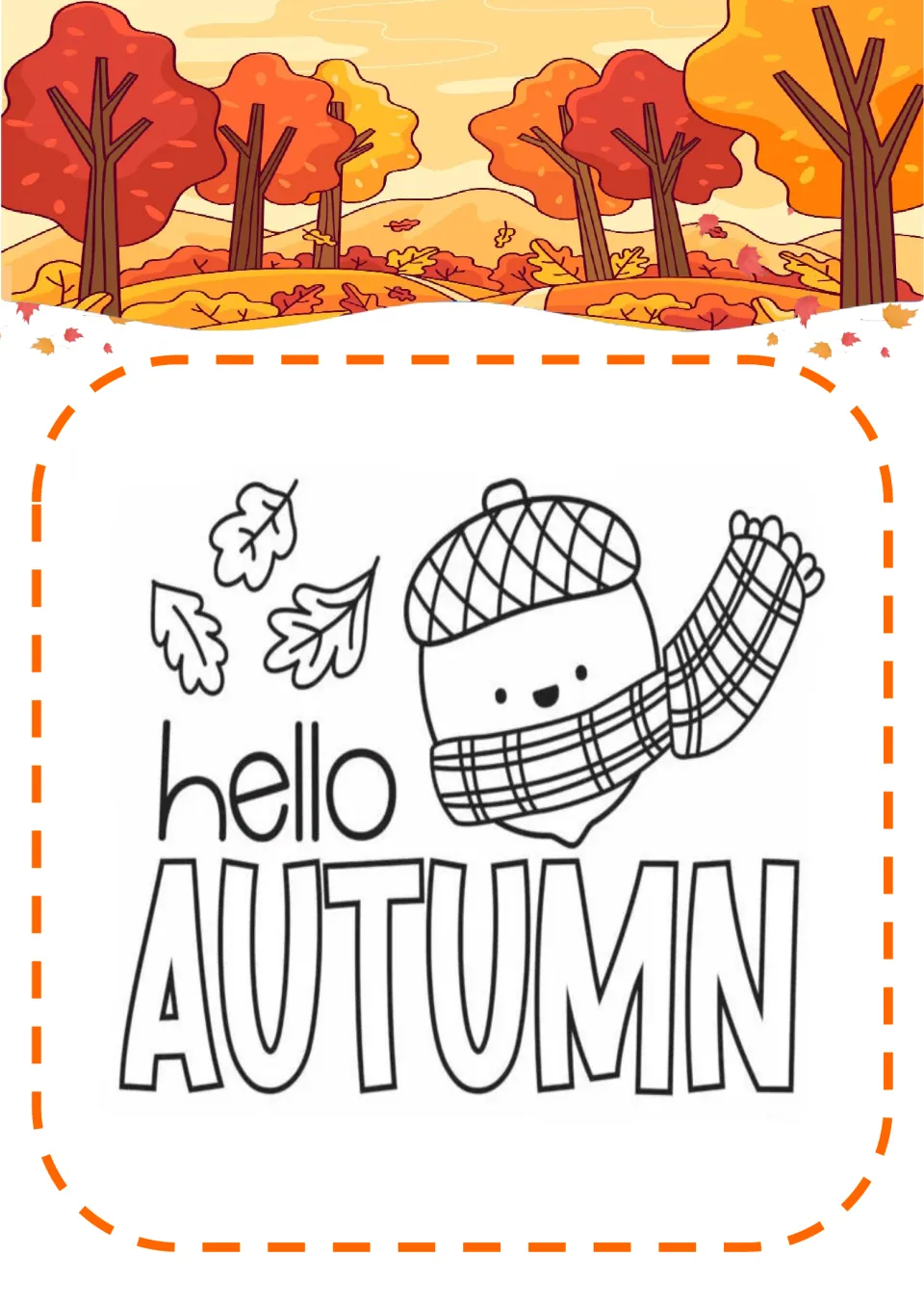 Hello Autumn coloring page: students color a smiling acorn in a plaid cap and scarf, three leaves and big letters