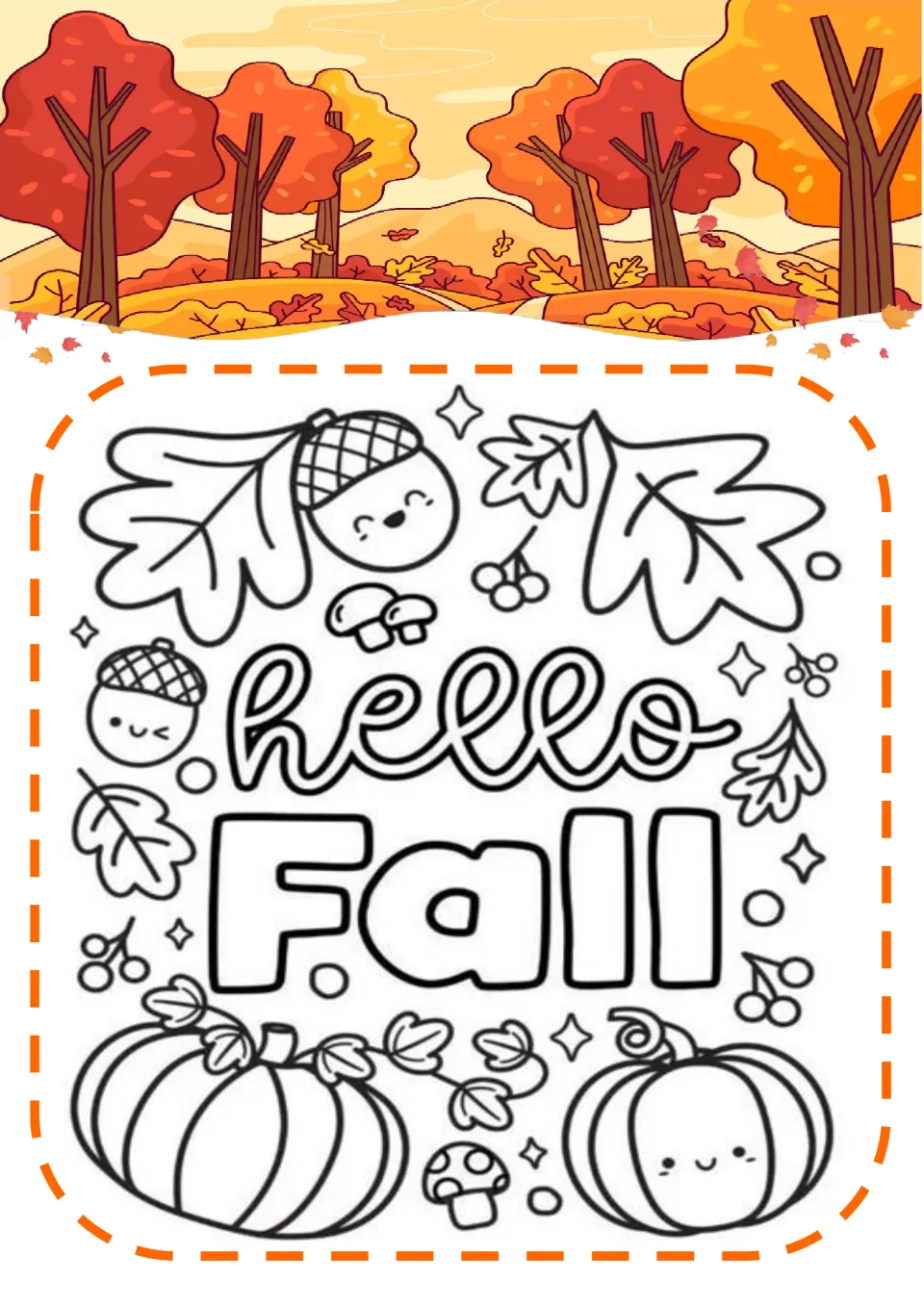 Hello Fall coloring page: students color cursive and bold lettering among acorn faces, mushrooms, berries and pumpkins