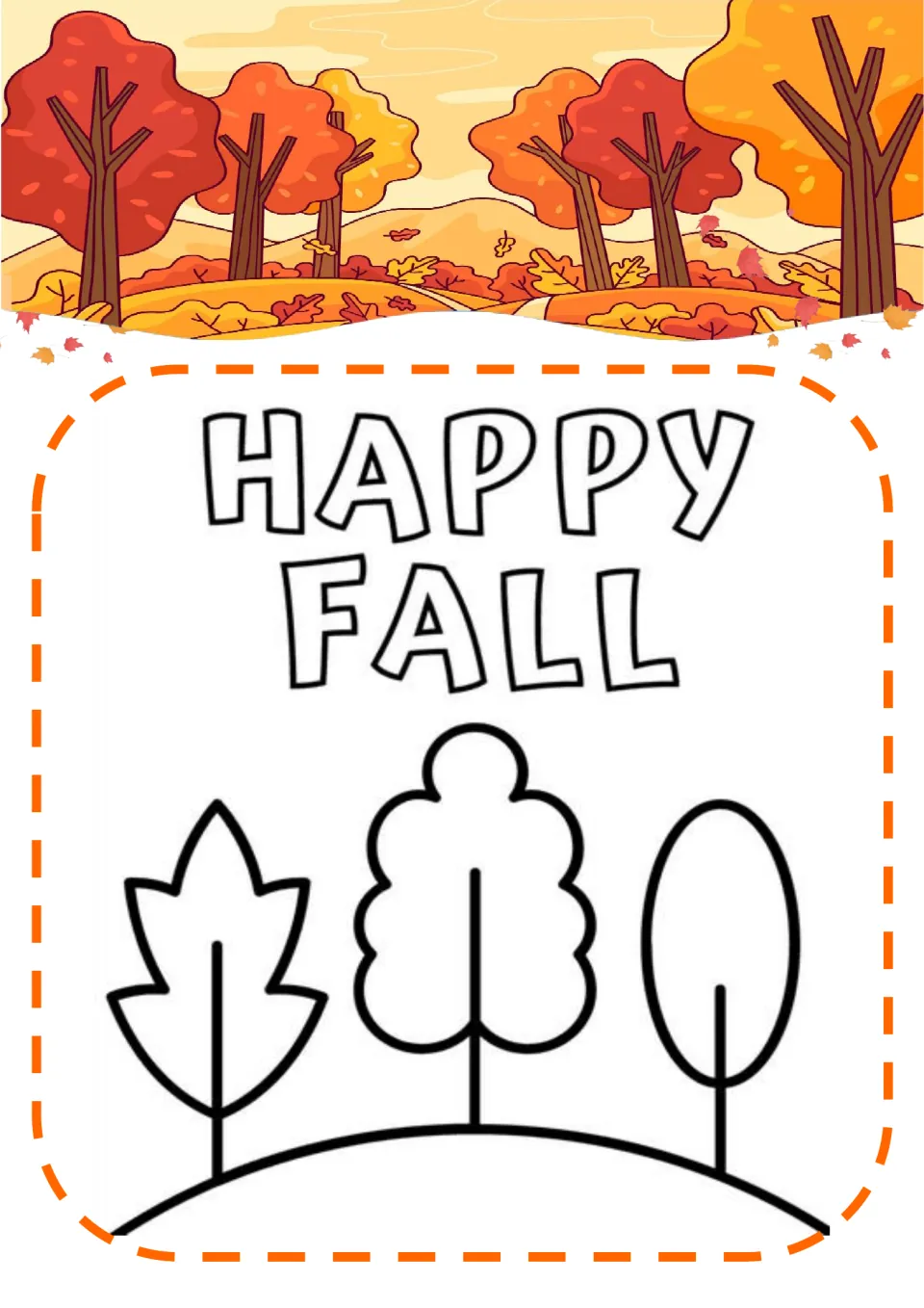 Happy Fall coloring page: students color outlined letters and three simple tree shapes standing on a hill