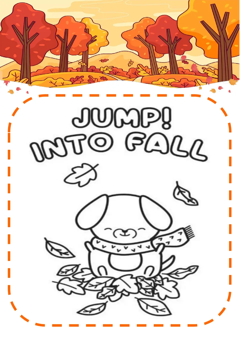 Jump! Into Fall coloring page: students color a puppy in a scarf sitting in a pile of leaves with leaves falling