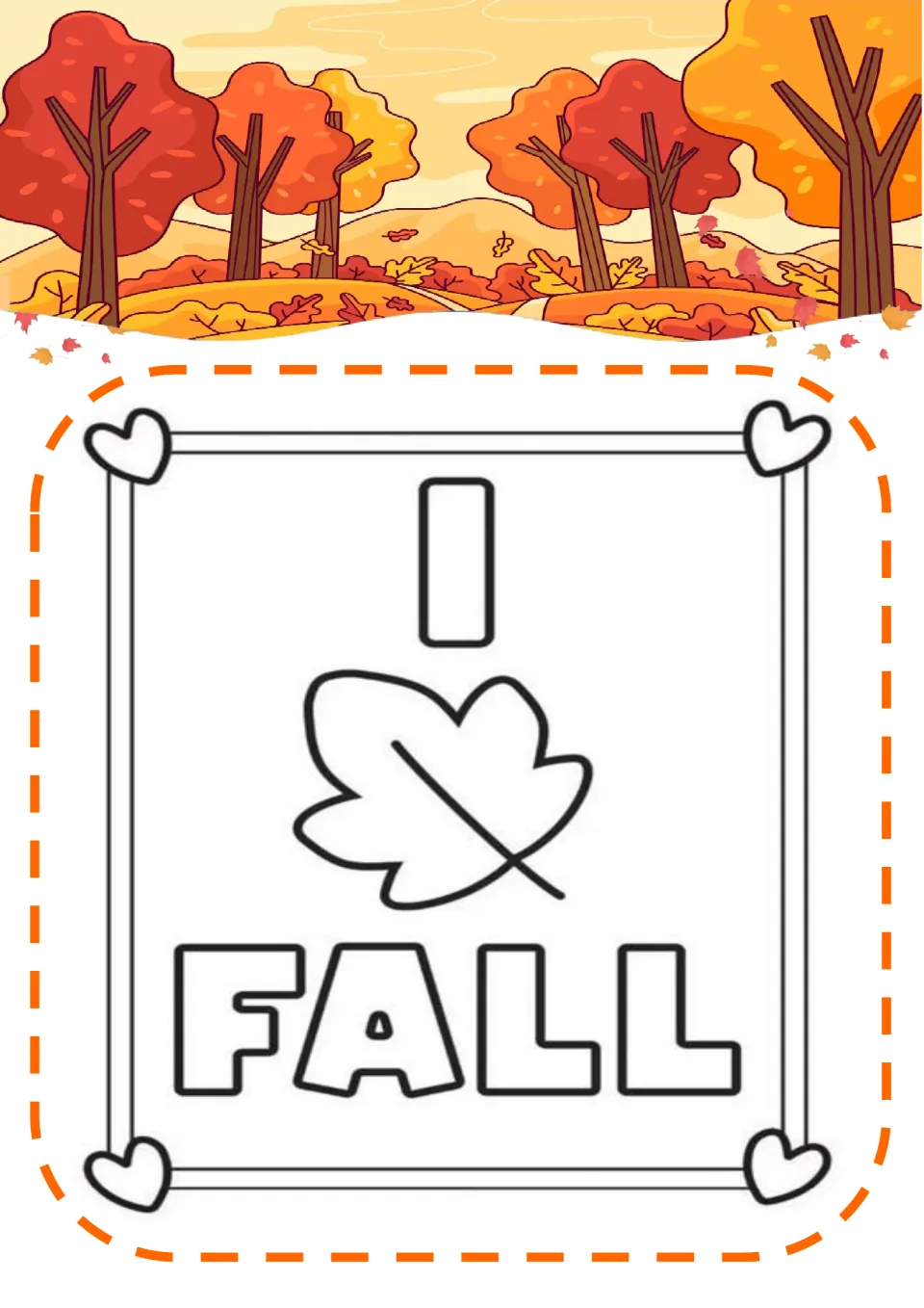 I love Fall coloring page: students color the word I, a leaf standing in for love, and FALL in bubble letters