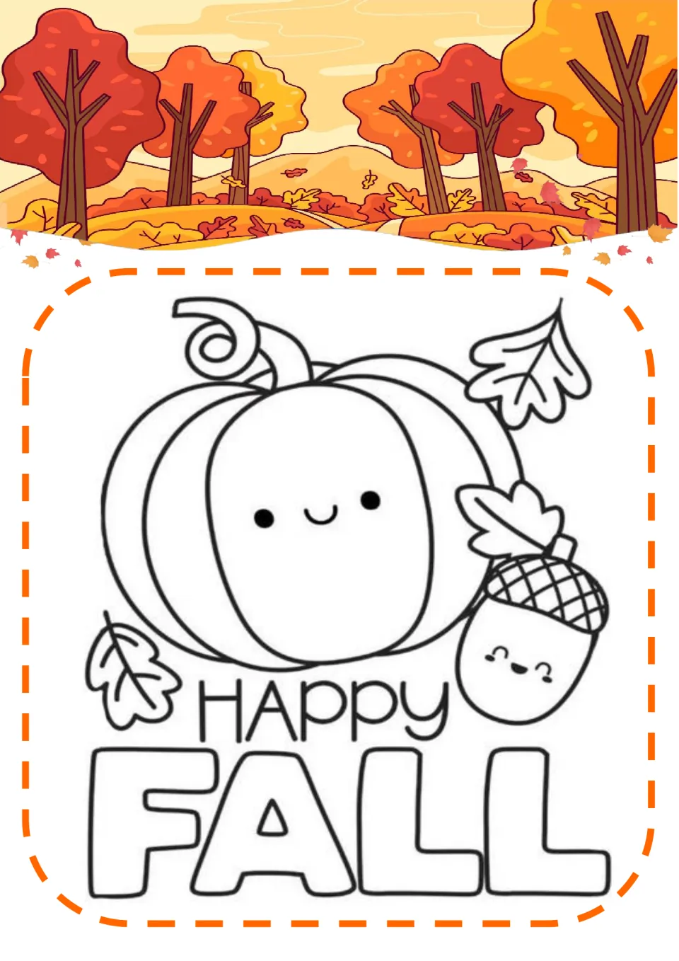 Happy Fall coloring page: students color a smiling pumpkin with a curly vine, a smiling acorn, oak leaves and letters
