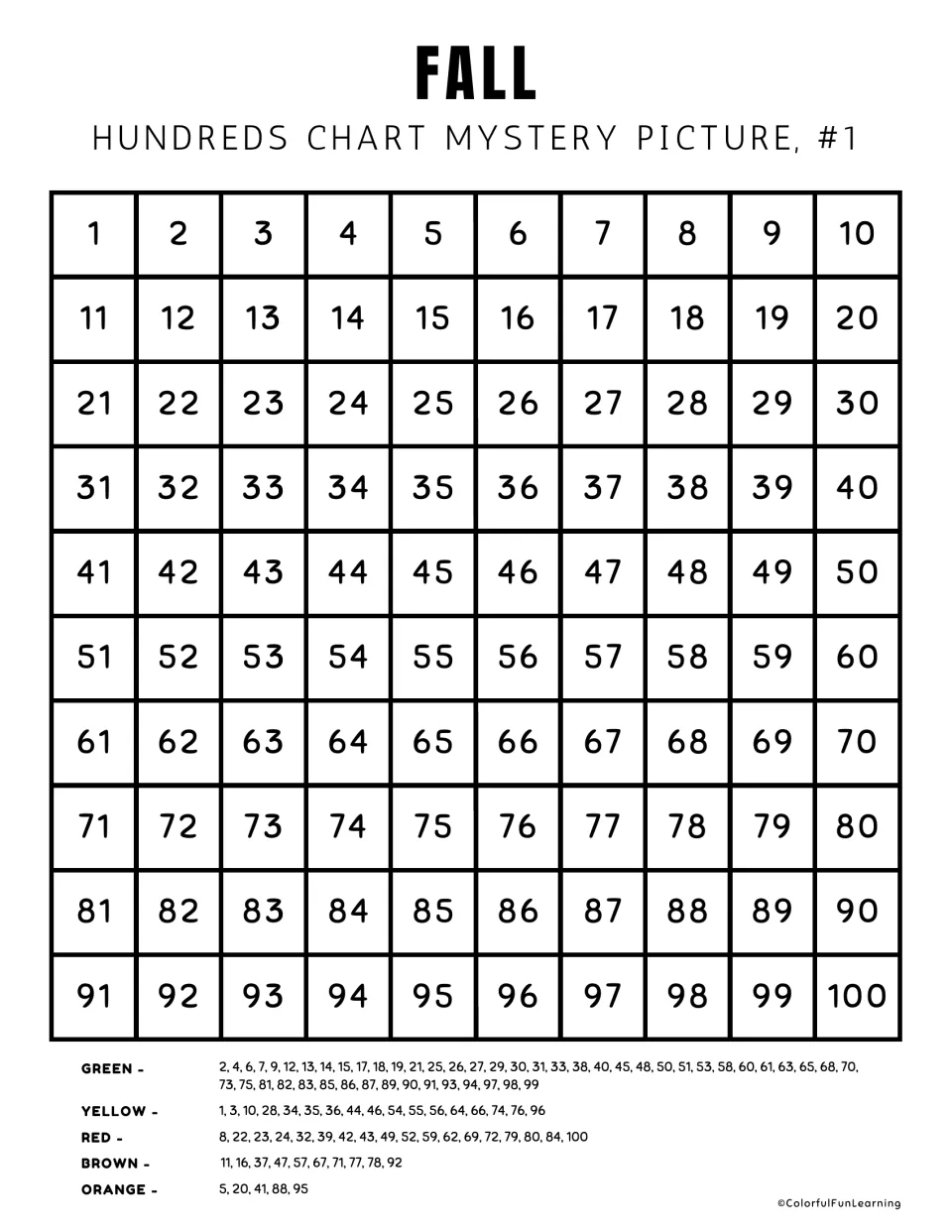 Fall mystery picture #1: students color numbered squares 1-100 green, yellow, red, brown or orange using the code list