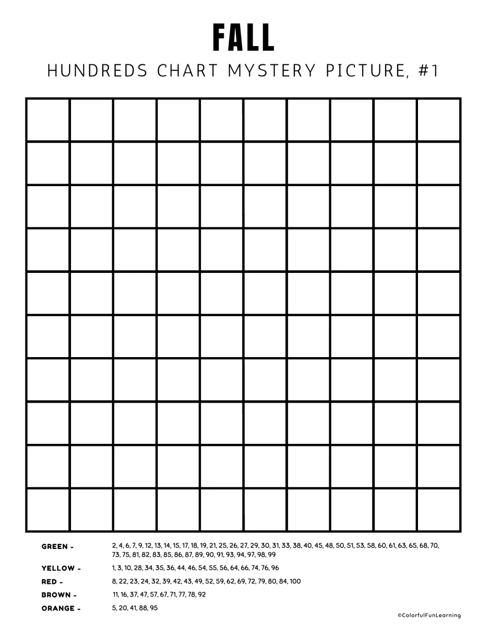 Fall mystery picture #1, blank version: students locate each number's square without printed numbers and color by code