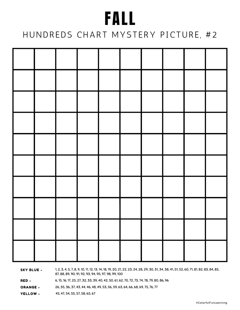 Fall mystery picture #2, unnumbered chart: students track hundreds chart positions to color squares by the code