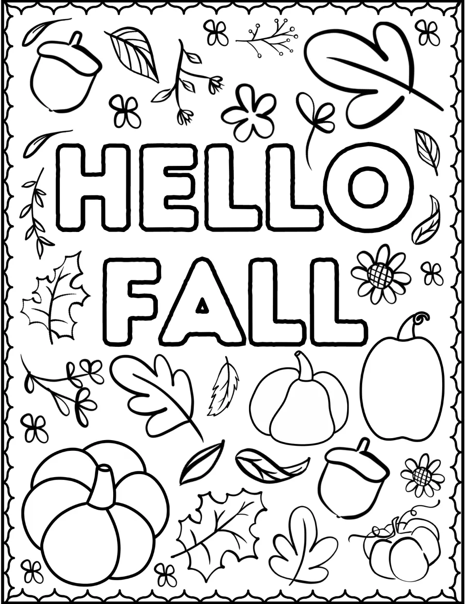 Hello Fall coloring page: students color bubble letters surrounded by pumpkins, acorns, oak leaves and sunflowers