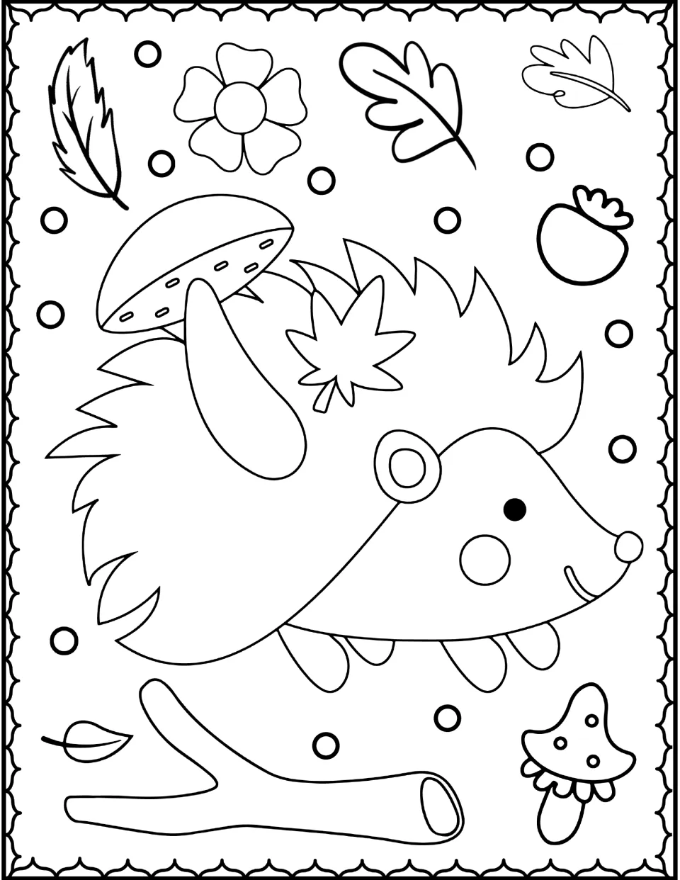 Hedgehog coloring page: students color a hedgehog carrying a mushroom and maple leaf, with a stick, toadstool and leaves