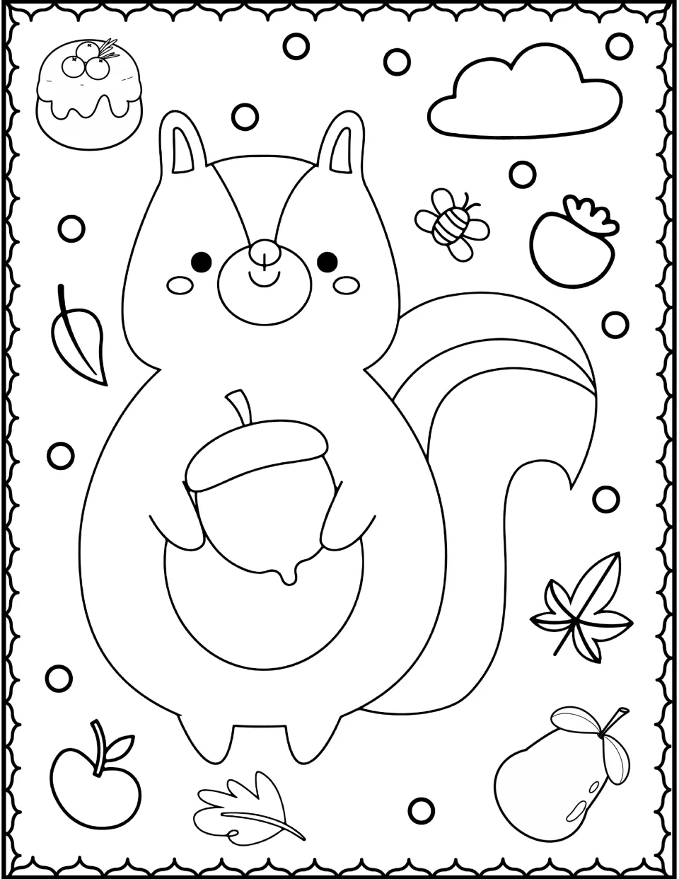 Squirrel coloring page: students color a smiling squirrel hugging an acorn, framed by an apple, pear, cloud, bee and leaves
