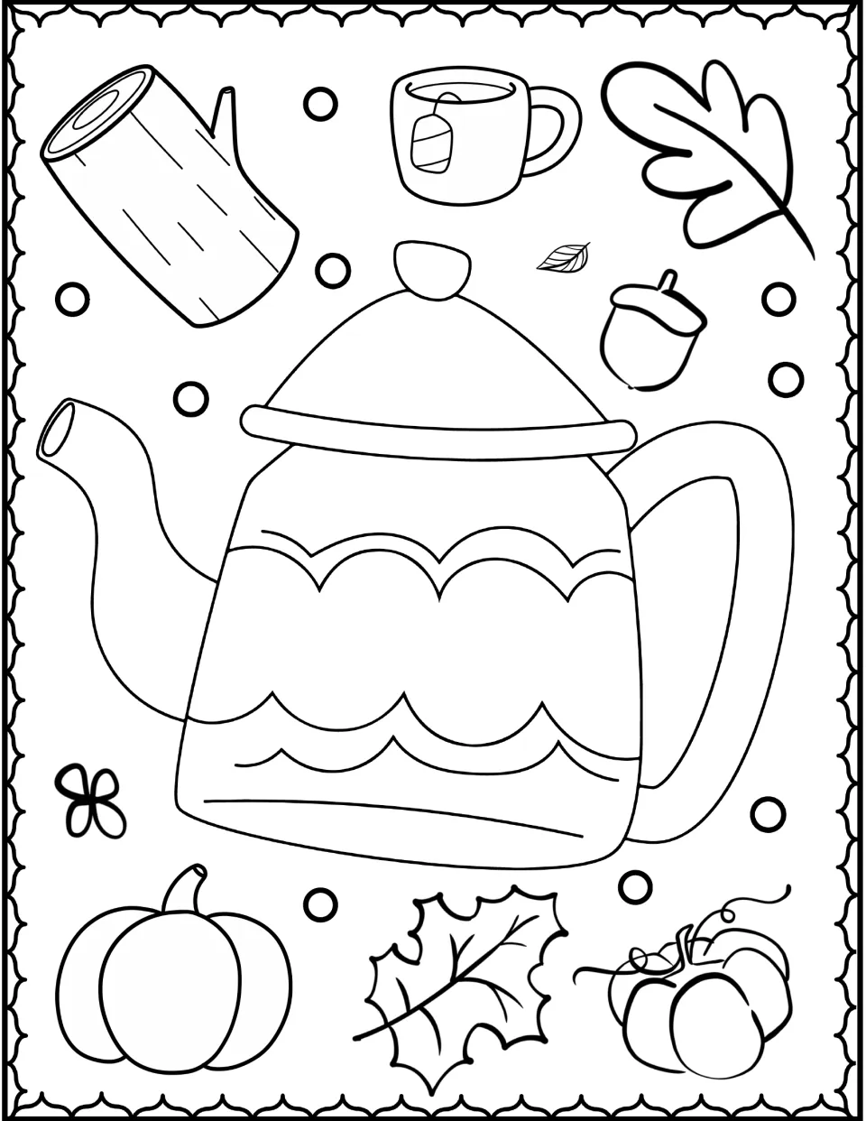 Teapot coloring page: students color a large scalloped teapot with a mug of tea, log, acorn, pumpkins and autumn leaves