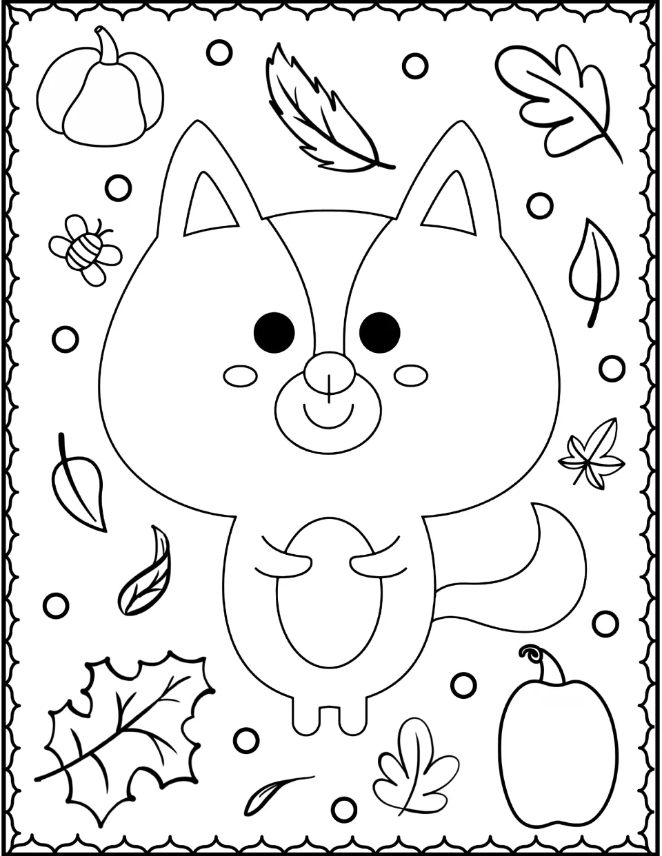 Woodland critter coloring page: students color a smiling animal holding an oval, ringed by pumpkins, a bee and fall leaves
