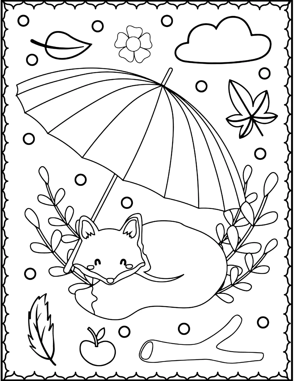Sleeping fox coloring page: students color a fox curled up under a big umbrella with leafy branches, a cloud and apple
