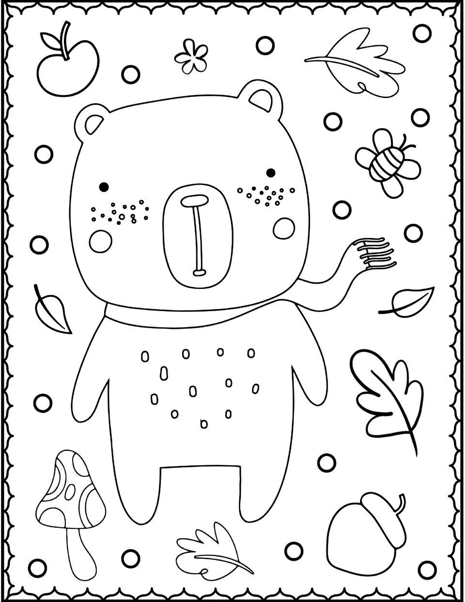 Bear coloring page: students color a freckled bear wearing a scarf, with a toadstool, acorn, apple, bee and oak leaves
