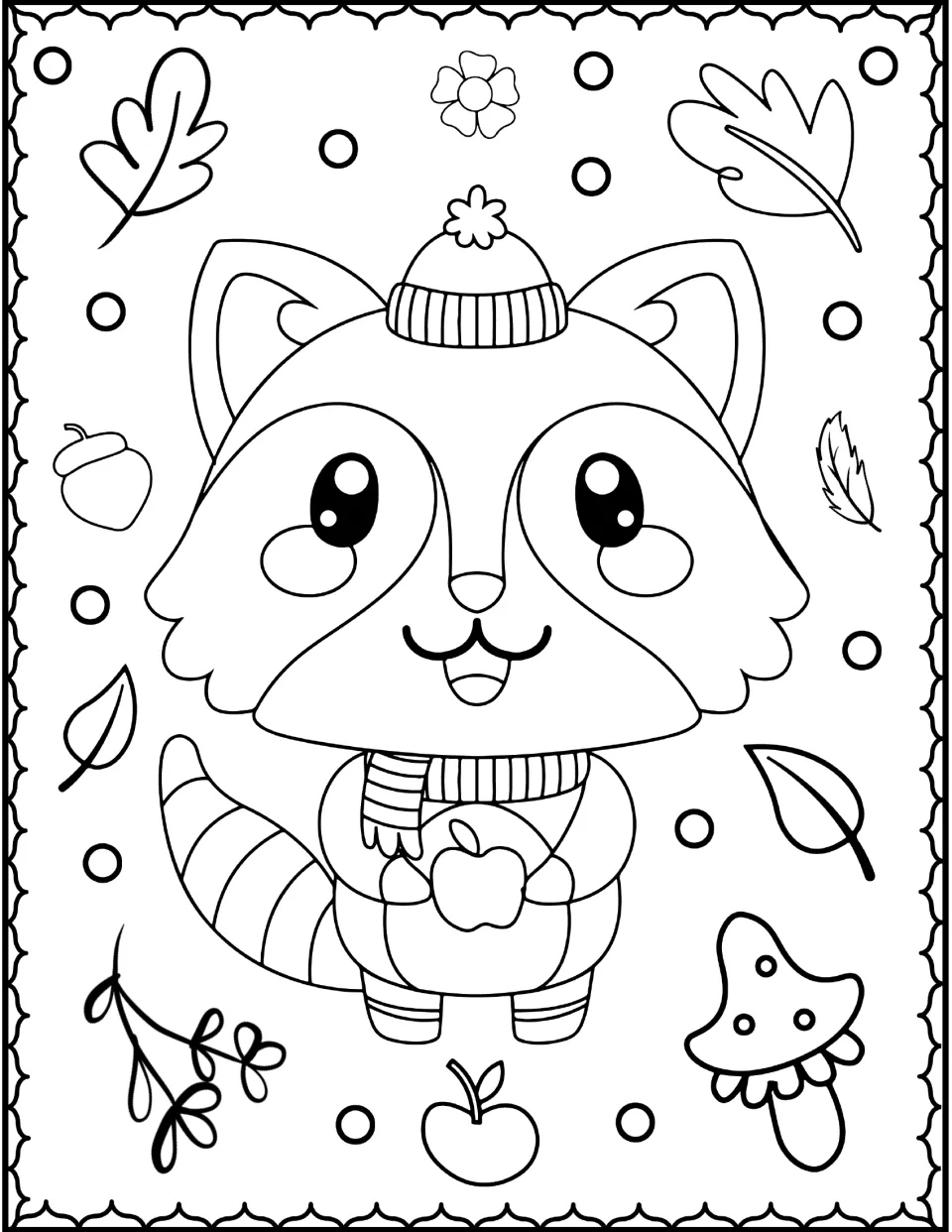 Raccoon coloring page: students color a raccoon in a knit hat and scarf holding an apple, among leaves and a toadstool
