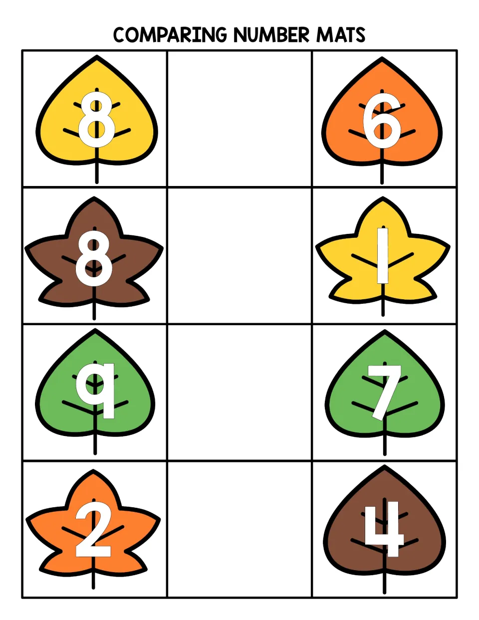 Comparing number mats: students compare leaf numbers 8 and 6, 8 and 1, 9 and 7, 2 and 4 by placing a symbol between