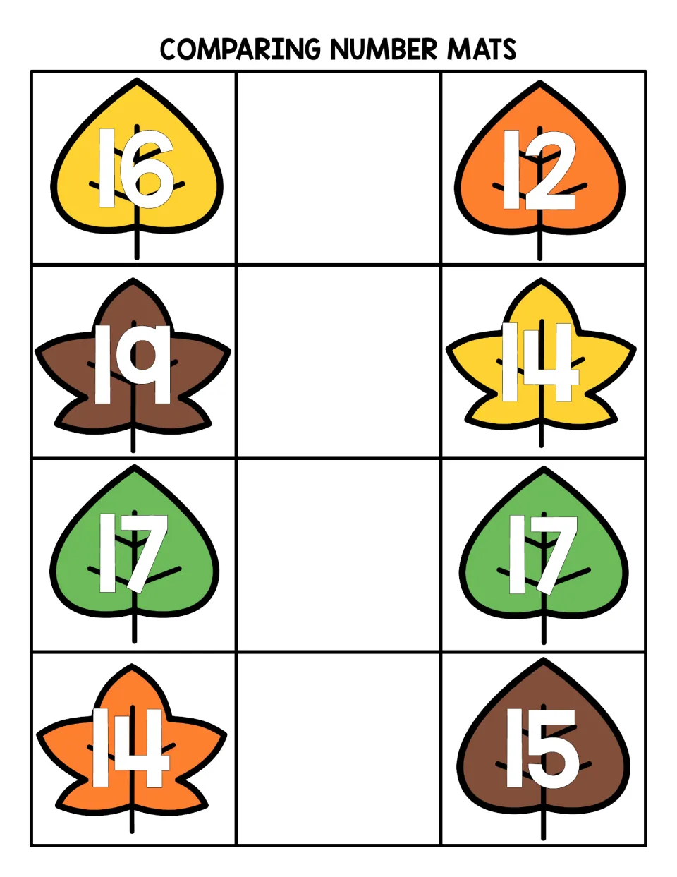Comparing teen numbers: leaf pairs 16 and 12, 19 and 14, 17 and 17, 14 and 15 with a space for a comparison symbol