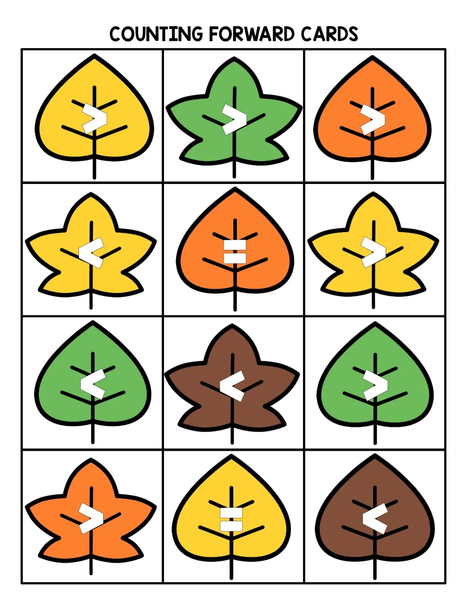 Symbol cards headed Counting Forward Cards: 12 fall leaves showing greater than, less than and equal signs to cut apart