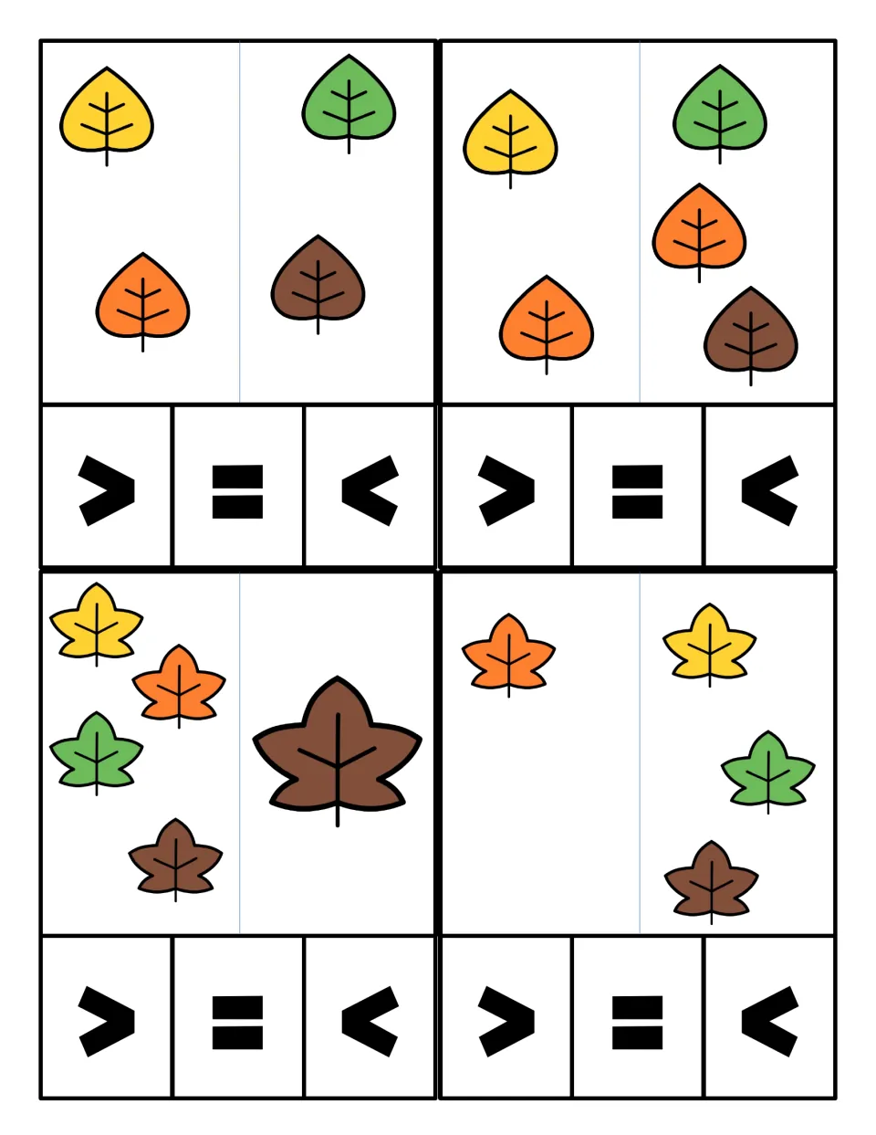 Comparing leaf sets: students count two groups, such as 2 and 2 or 4 and 1, and pick the greater, equal or less sign