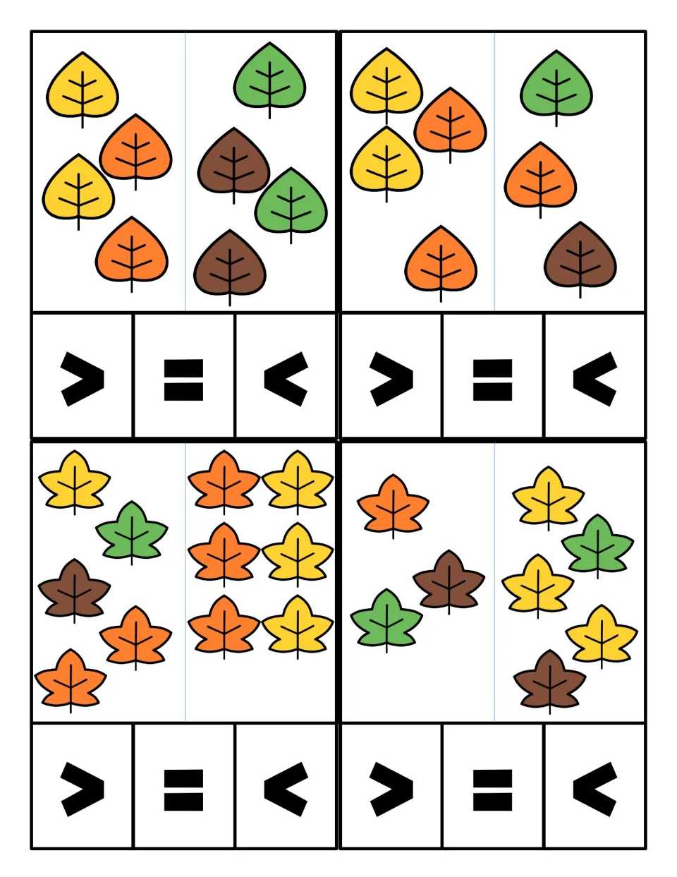 Counting leaves to compare: groups of 4 and 4, 4 and 3, 5 and 6, 3 and 5, each card with a > = < row to mark