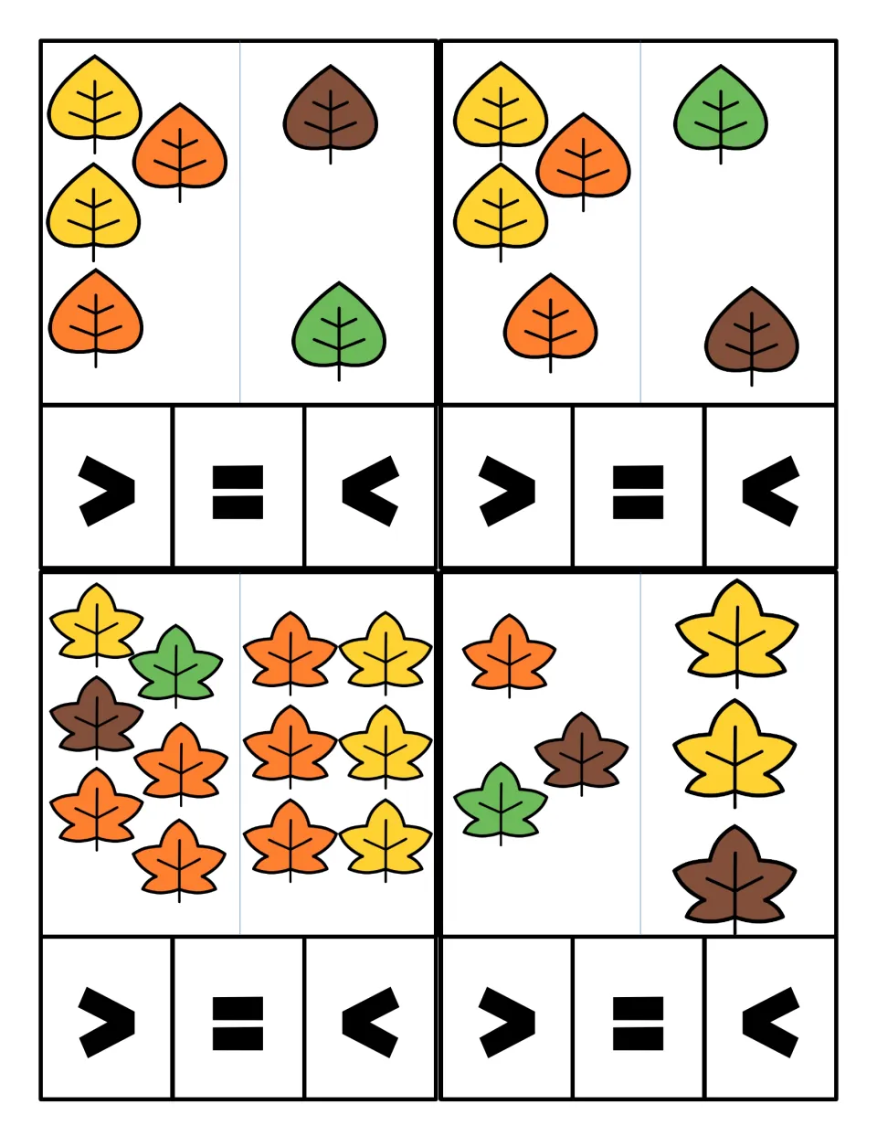 Comparing quantities: two cards pit 4 against 2, others show 6 versus 6 and 3 versus 3; students mark >, = or < on each