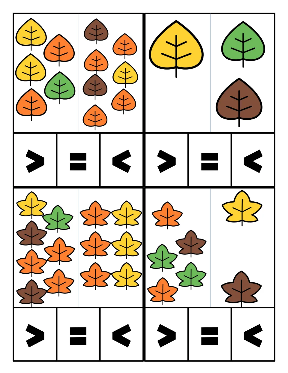 Leaf counting comparisons: sets of 5 and 7, 1 and 2, 7 and 6, 5 and 2, where leaf size differs from the count