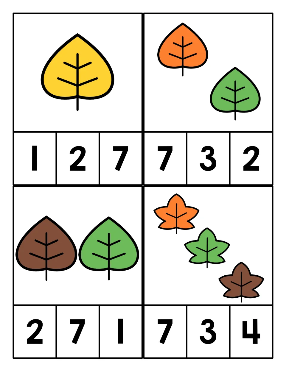 Fall leaf counting: four cards show 1 to 3 colored leaves; students count and clip the matching number from 1, 2, 3, 4 or 7
