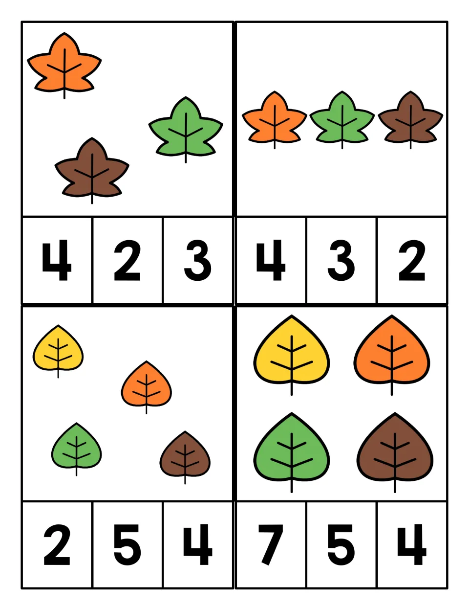 Counting maple and round leaves in groups of 3 and 4; students clip the matching numeral from choices of 2, 3, 4, 5 or 7