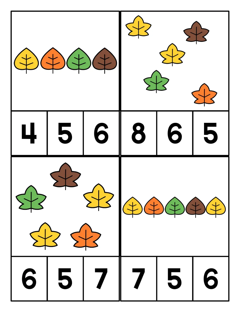 Leaf counting to 5: rows and scattered sets of yellow, orange, green and brown leaves; students clip a numeral from 4 to 8
