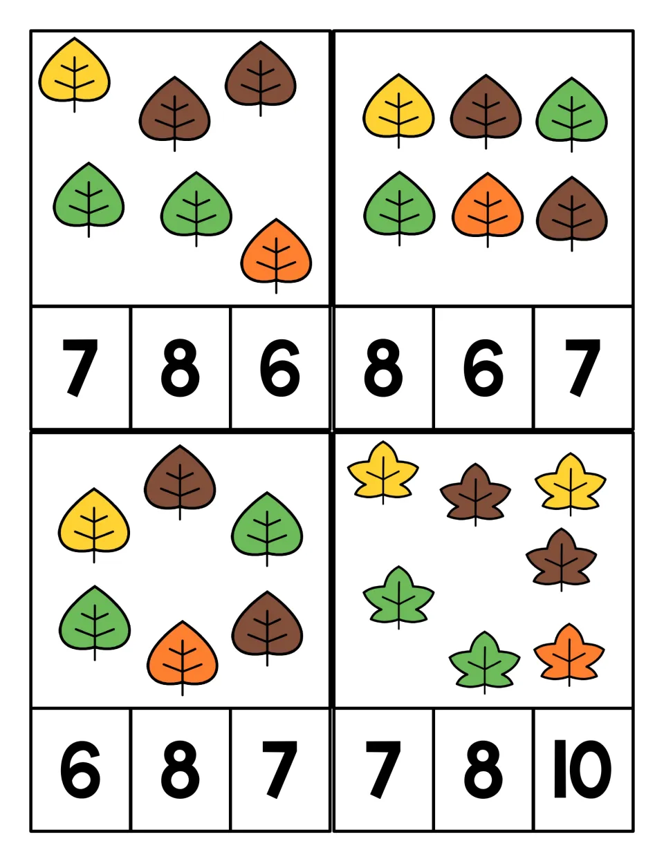 Counting 6 and 7 fall leaves: scattered sets and rows, students clip the correct number from choices of 6, 7, 8 or 10