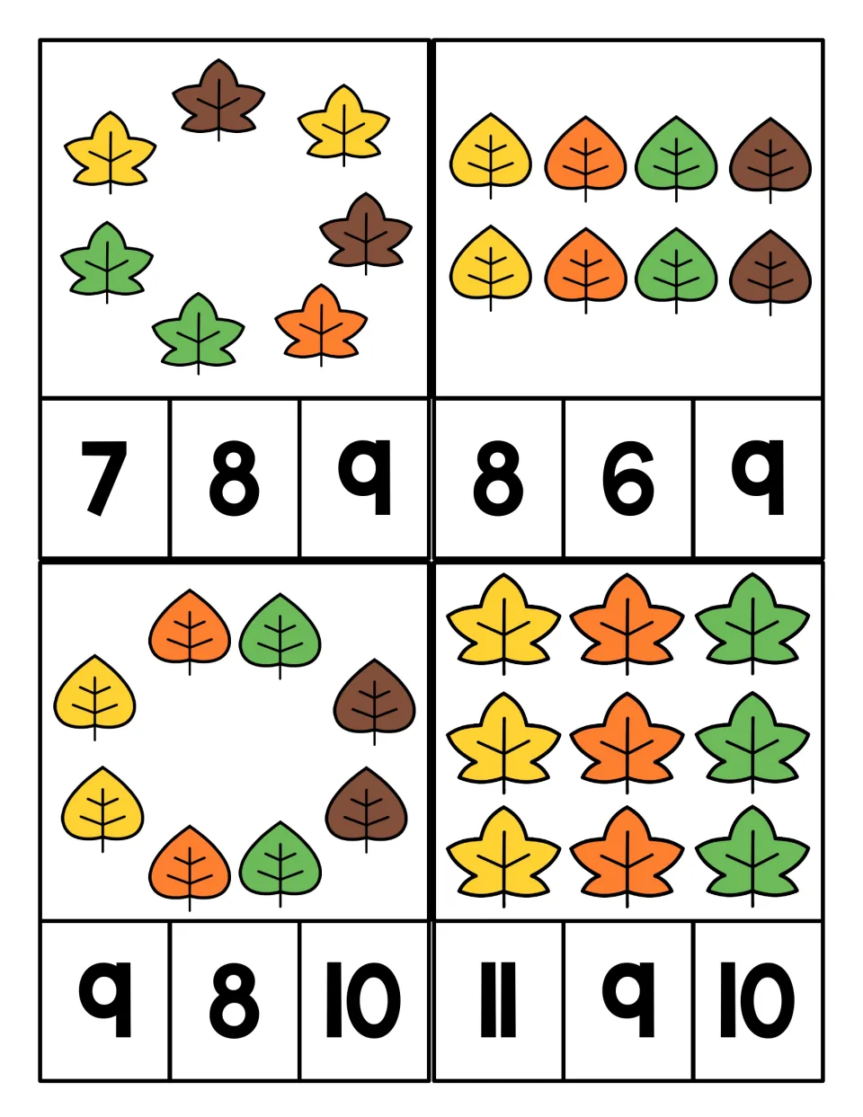 Leaf counting from 7 to 9: leaves in circles, two rows and a 3-by-3 array; students clip the right number among 6 to 11