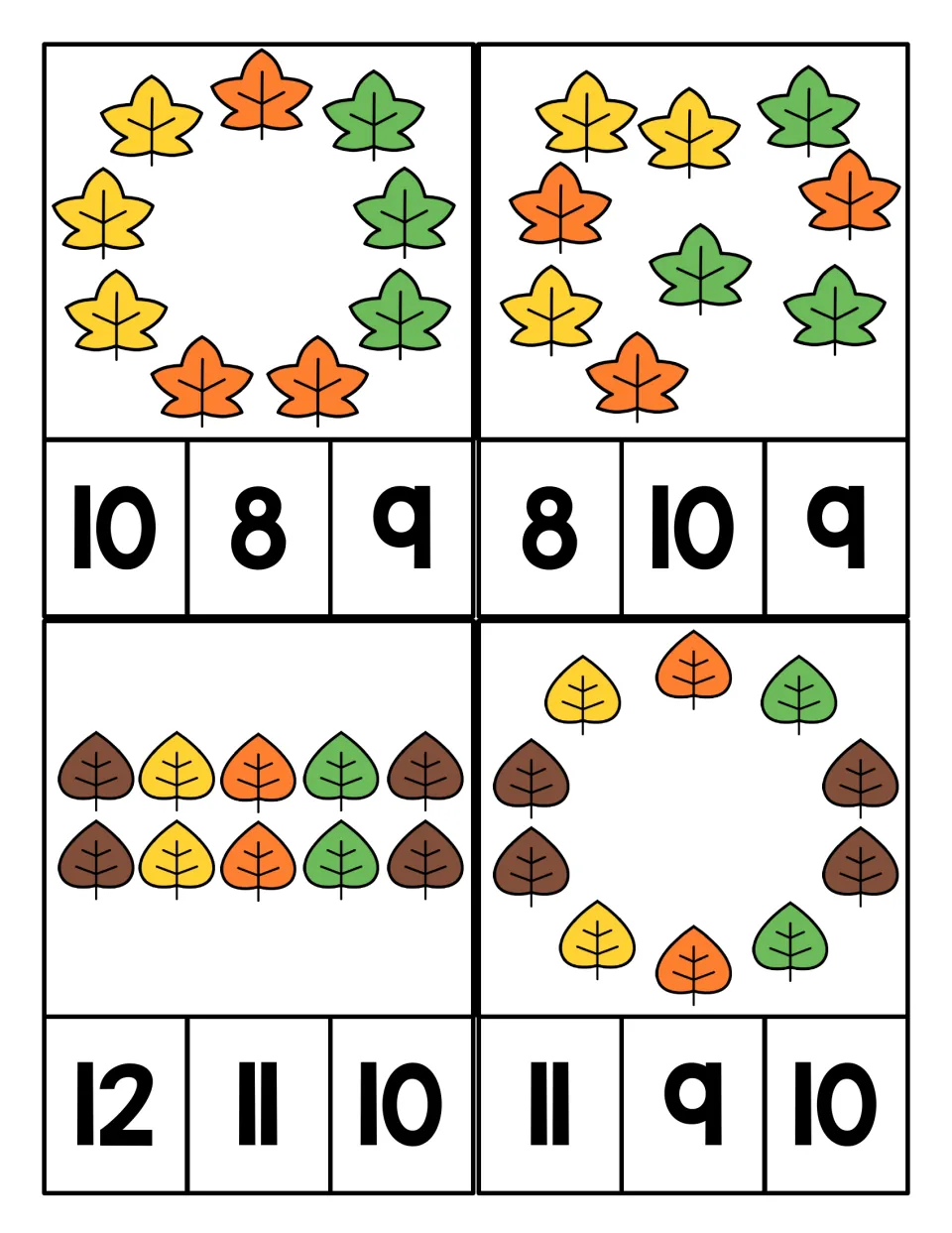Counting about 10 leaves: maple leaf sets, a round leaf ring and two rows of five; students clip a number from 8 to 12