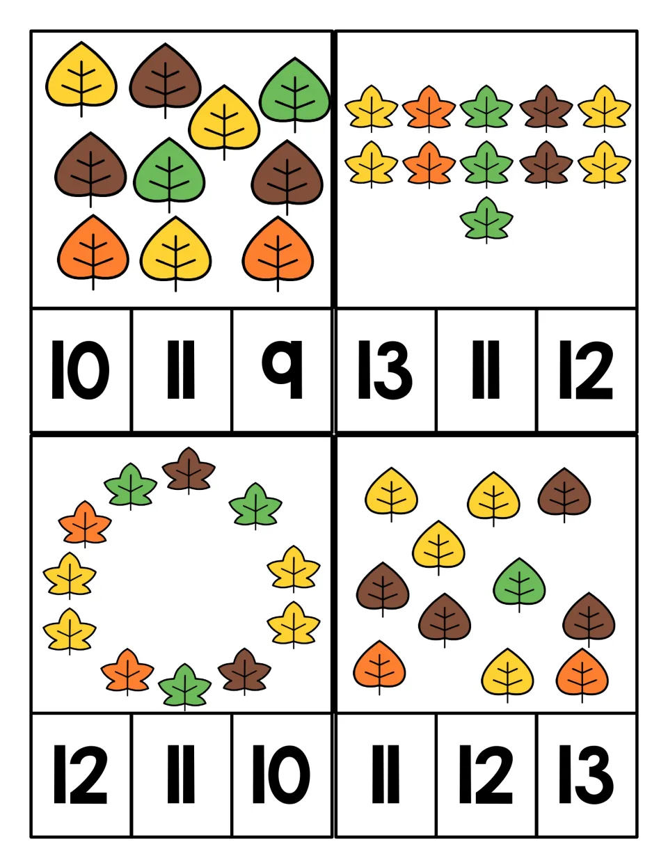 Counting 10 to 13 leaves: a scattered set, two rows of five plus one, and a maple leaf ring; students clip numbers 9 to 13