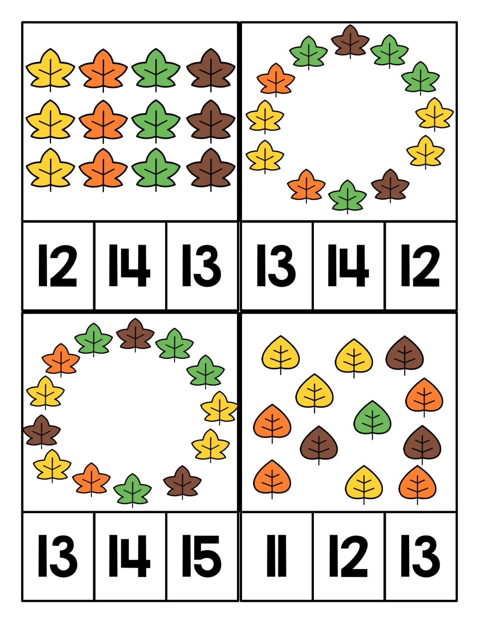 Counting 12 to 15 fall leaves: a 4-by-3 maple leaf array, two leaf rings and a scattered set, with choices of 11 to 15