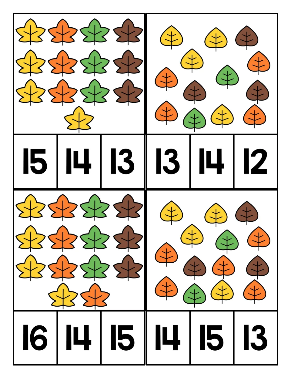 Teen numbers: three maple rows of four plus 1 or 2 extras, and two scattered round-leaf sets; students clip 12 to 16
