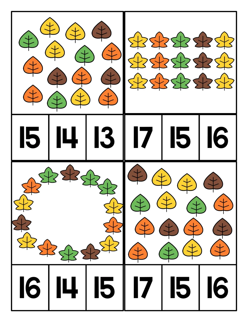 Counting 15 to 17 leaves: a scattered set, three rows of five maple leaves, a leaf ring and a large group; clip 13 to 17