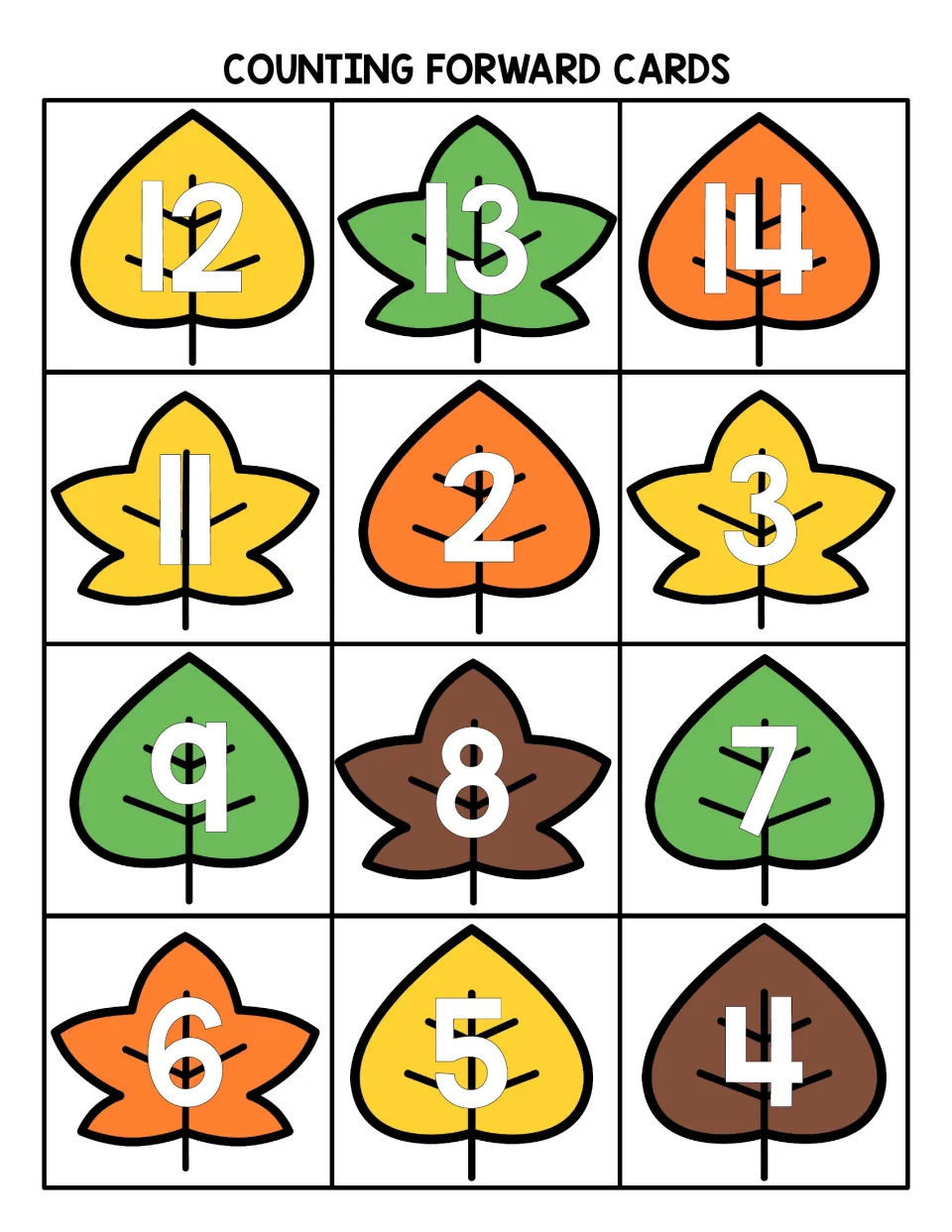 Counting forward cards: twelve colored fall leaves showing numbers 2 to 9 and 11 to 14 to cut apart and place on the mats