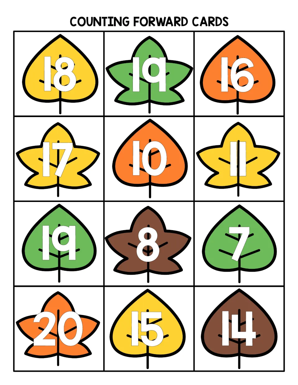 Counting forward cards with leaf numbers 7, 8, 10, 11 and 14 to 20 to cut out and use when extending teen-number rows