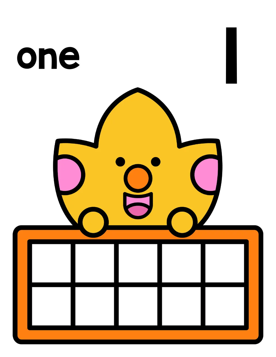 Number 1 counting mat: the word one and numeral 1 above a smiling fall leaf holding an empty ten frame to show one counter