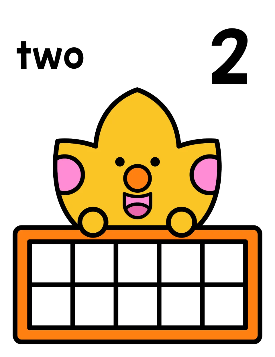 Number 2 counting mat: word two and numeral 2 over a happy leaf character with an empty ten frame for building two