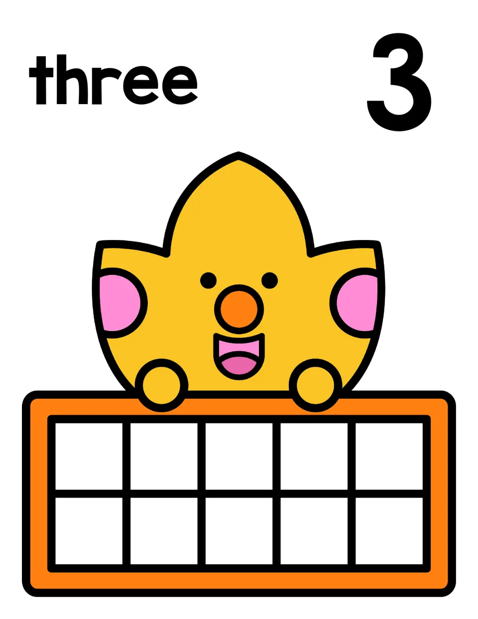 Counting mat for 3: the word three and numeral 3 with a cheerful autumn leaf and an empty ten frame to fill with three