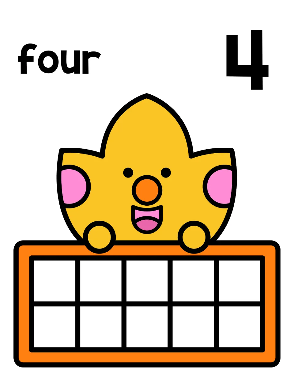 Number four mat: numeral 4 and the word four above a smiling yellow leaf holding an empty ten frame for showing four