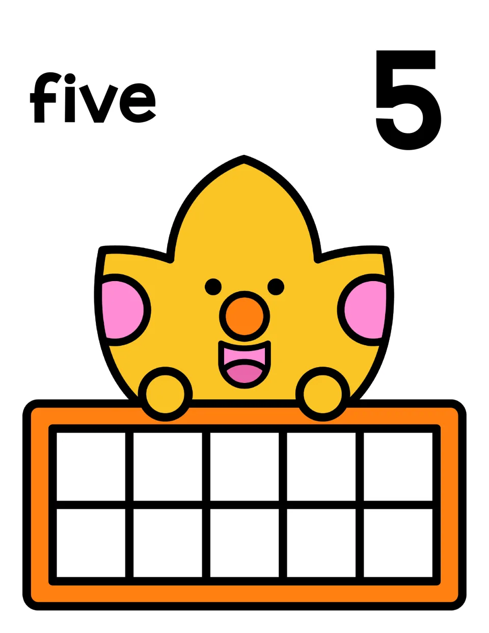 Counting mat for five: the word five and numeral 5 with a leaf character and an empty ten frame to show five