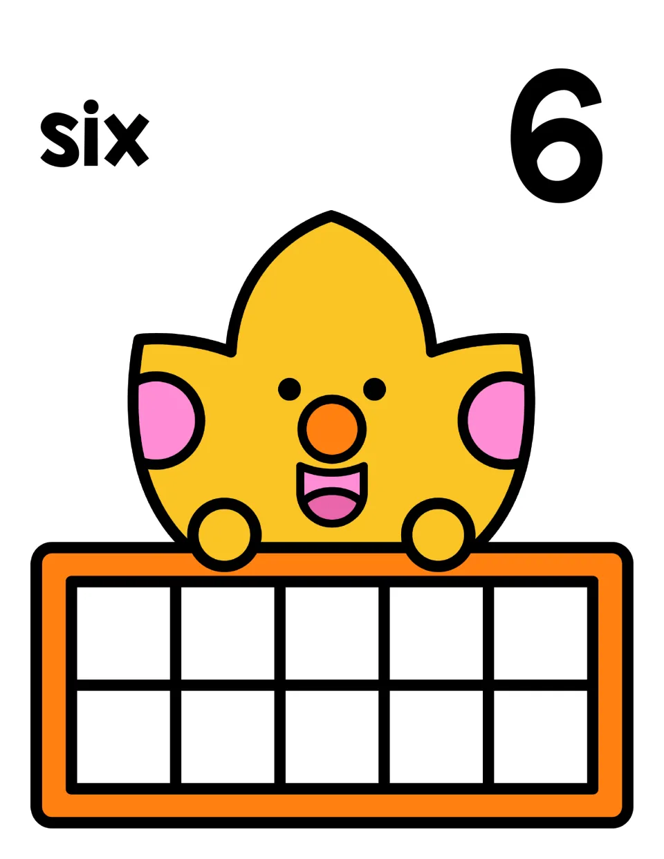 Number 6 mat: word six and numeral 6 over a smiling fall leaf with an empty ten frame for placing six counters