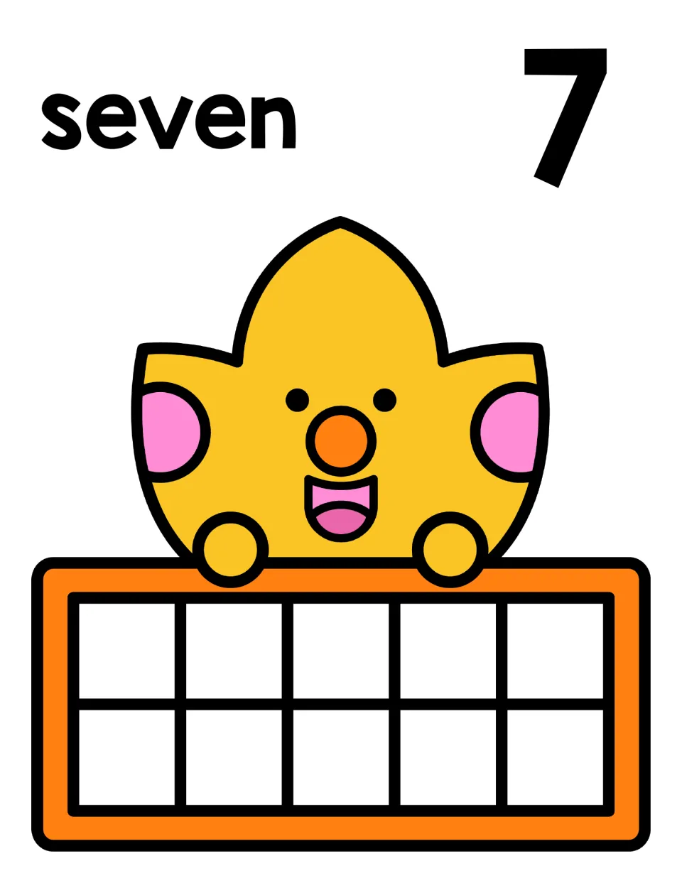Counting mat for seven: numeral 7 and the word seven above a cheerful leaf holding an empty ten frame to build seven