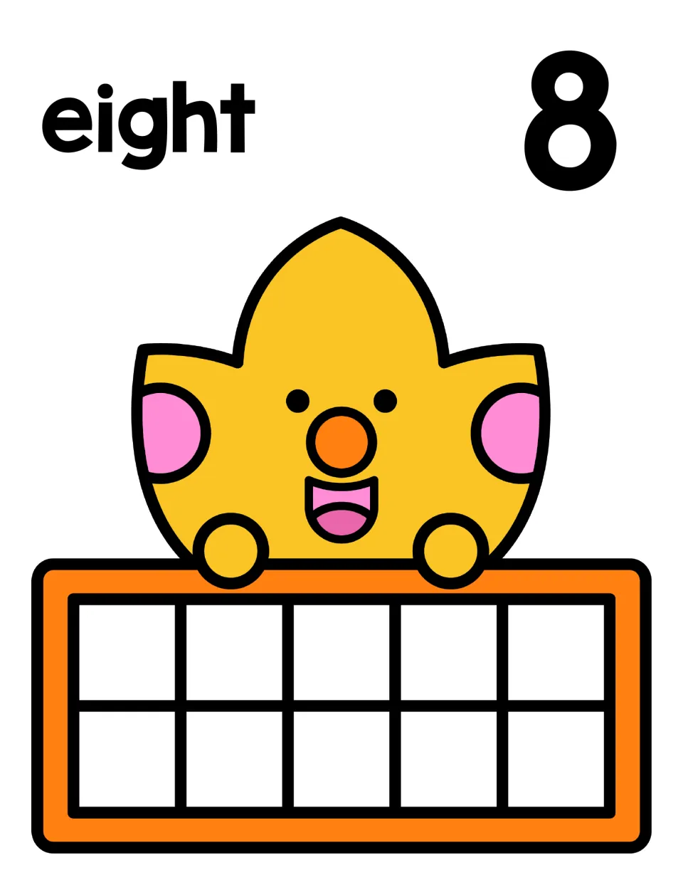 Number eight counting mat: the word eight and numeral 8 with a happy autumn leaf and an empty ten frame for showing eight