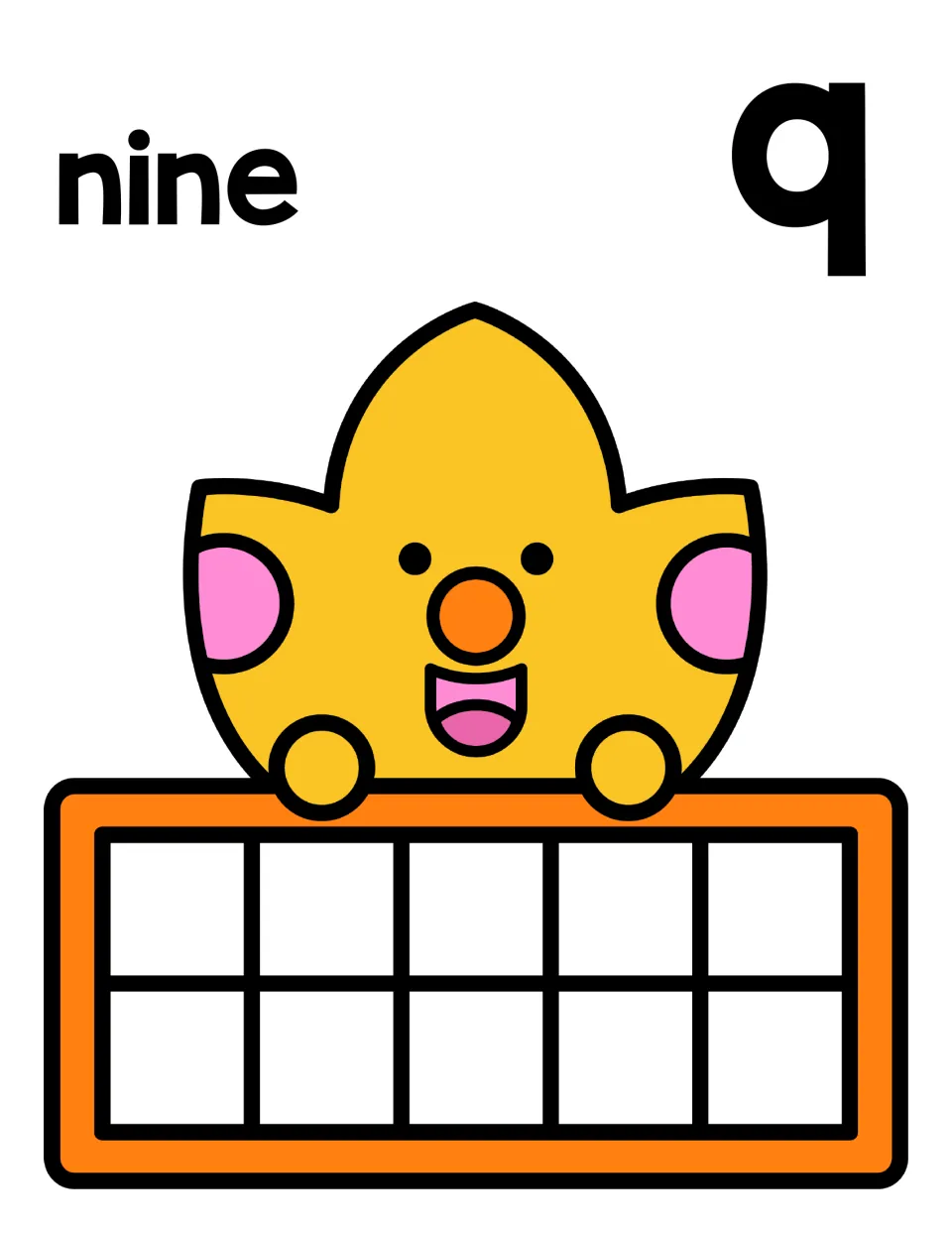 Counting mat for 9: word nine and numeral 9 above a smiling yellow leaf holding an empty ten frame to fill with nine items