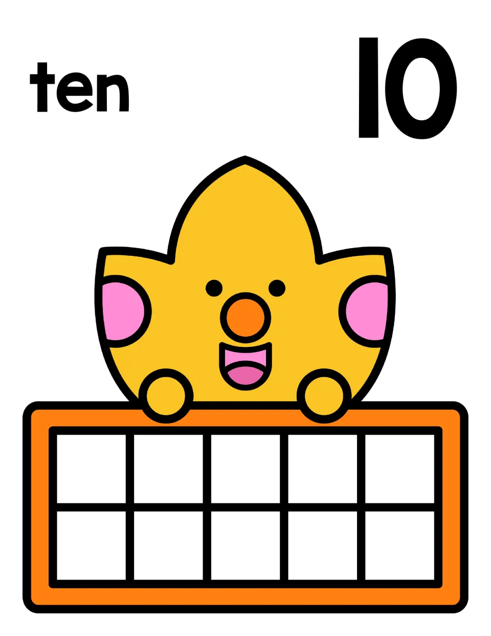 Number ten mat: the word ten and numeral 10 with a cheerful fall leaf and an empty ten frame that ten counters fill