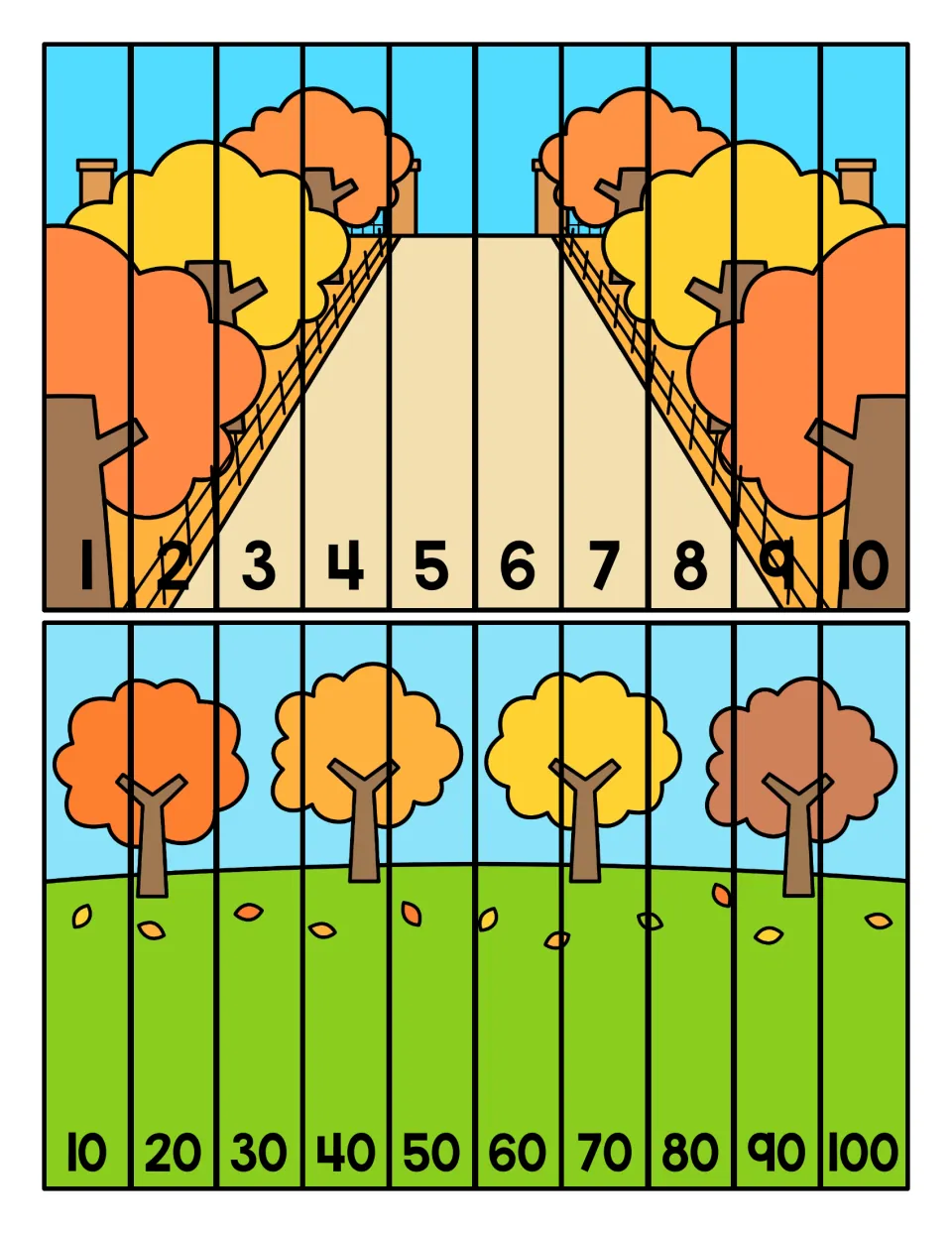 Fall strip puzzles: students order 10 strips counting 1 to 10 and by tens to 100 to rebuild a tree-lined lane and a park