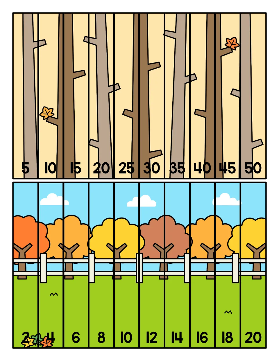 Skip-counting strip puzzles: students order strips by fives to 50 and by twos to 20 to rebuild fall woods and a fenced row