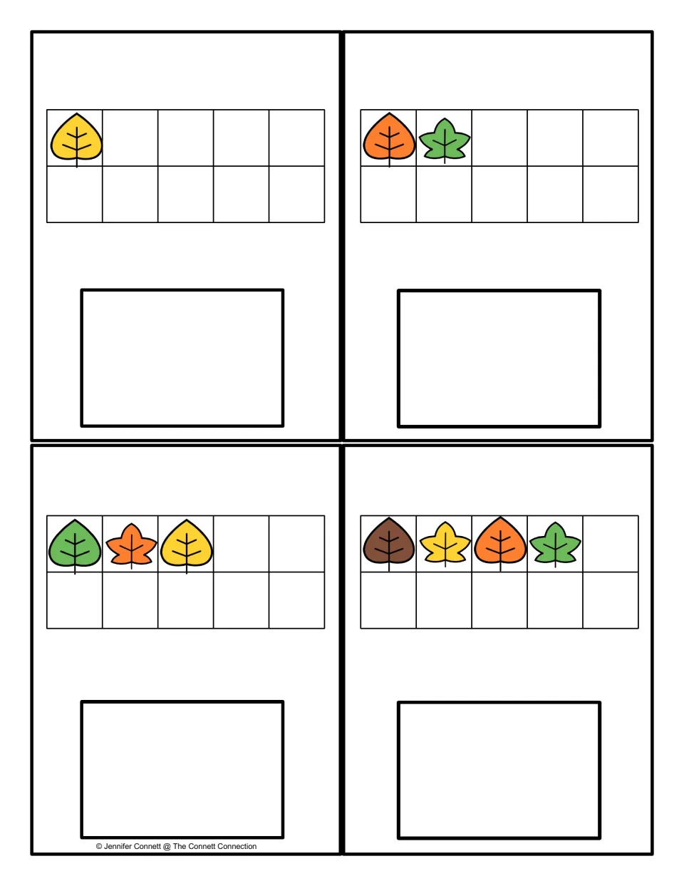 Fall leaf counting cards for 1 to 4: students count the colored leaves in each ten frame and record the number in the box