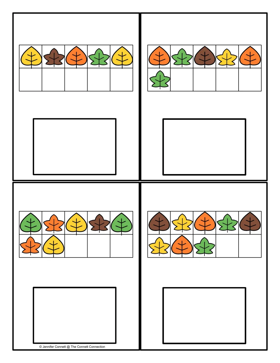 Leaf counting cards for 5 to 8: students count fall leaves filling one ten frame and show each total in the answer box